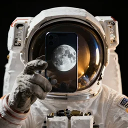extremely detailed studio portrait of space astronaut, holds a smart phone in one hand, phone!! held up to visor, reflection of phone in visor, moon, extreme close shot, soft light, golden glow, award winning photo by nasa