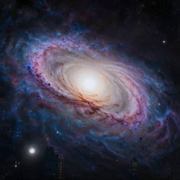 fantastic painting of the andromeda galaxy. 2 0 7 7, cyberpunkcity as backdrop by greg rutkowski, de - noise, 8 k, volumetric lighting, detailed contrast