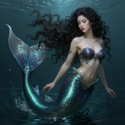 beautiful mermaid with long tail emerging from the water, elegant, pretty face, long curly hair, dark fantasy, scifi, volumetric lights, intricate, intense detail, digital painting, artstation, concept art, soft shading, cinematic, hyperealistic, illustration, style of h. r. giger, 3 d 4 k