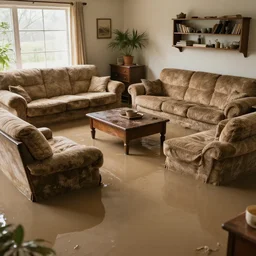 old couches in a family room flooded with muddy water