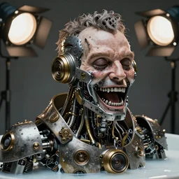 a beautiful intricate fine art portrait photo of a   a mechanical industrial steampunk cybernetic laughing Bill Burr, by tom bagshaw and zach sutton, perfection!, milk bath photography,  studio lighting, 35mm lens, very detailed, bionic, cybernetic scifi, deep depth of field, artstation, 8K, highly coherent