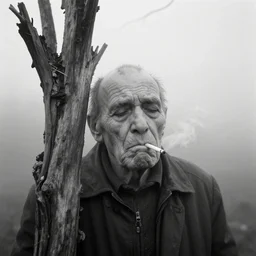 photographic portrait of a wrinkly sad face smoking a cigarette, dried melting tree in fog, by max ernst and alfred pellan