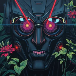 risograph grainy painting of gigantic huge evangelion - like antagonist face, dark colors, with huge earrings and glasses with a lot of details and lasers, covered with plants, by moebius and dirk dzimirsky and satisho kon, close - up wide portrait