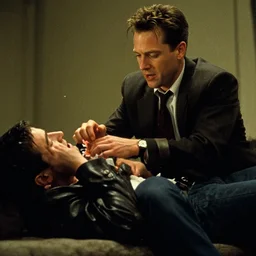 a still from american psycho ( 2 0 0 0 ) of patrick bateman murdering someone