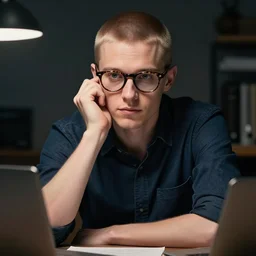 system analyst late night work, realistic detailed face portrait, very coherent symmetrical, high contrast, depth of field, insanely detailed, 2 0 years old, handsome, white, sitting at the table, thoughtful pose, tortoise - rimmed glasses, left hand propping up the head, preppy style, smart casual, clean shaved