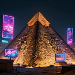 egyptian cyberpunk, pyramid, neon billboards, neon lights, dramatic lighting, 8 k octane rendering, cinematic, unreal engine