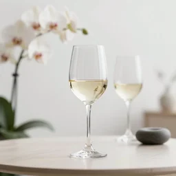 5 5 mm photo of wine - glass on a zen minimalist table with bokeh blurred white orchids in the white background. highly detailed 8 k. intricate. lifelike. soft light. nikon d 8 5 0.