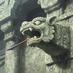 an arrow shooting from the mouth of a stone gargoyle in an ancient temple, anime style