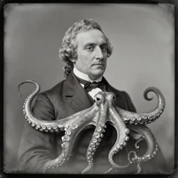 Daguerreotype of an octopus wearing a suit, classical portrait, 1849