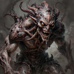 Dark fantasy Painting of a hulking muscular demonic flesh creature covered in boils with fish eyes with drool dripping from its mouth, hr giger muscles, tentacles growing from its face, disgusting, creepy, unsettling, horror, upper body, intricate, wild, highly detailed, digital painting, artstation, concept art, smooth, sharp focus, illustration, art by artgerm and greg rutkowski and alphonse mucha