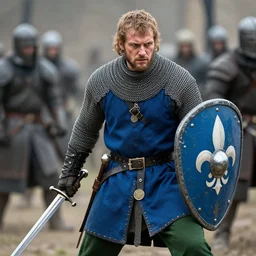 an olive skinned, fierce, medieval stout knight with a blue tunic over chainmail, green pants with a black leather belt and a coin pouch, holding a blue kite shield with fleur - de - lis symbols, holding a short sword in a gladiator battle, game of thrones, realistic, photograph by fred r conrad / new york times