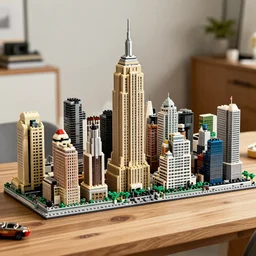 detailed lego build of new york city on garage table, professional photo, professional lighting, HDR