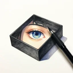 a watercolour pen light of a black box with an eye, vivid, painterly, ethereal, chiaroscuro, thick brushstrokes, ominous by alberto burri, tachisme, purple, black, iridescence colors, neon, gradient
