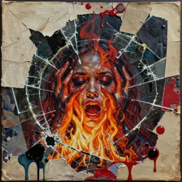 emotional fire mindblowing, detailed mixed media collage with canvas texture in style of contemporary art, punk art, realism, realistic photo, expressionism, masterpiece, spectacular quality, intricate oil details, broken glass photo, torn paper intricate texture, large cracks, liquid glue spots, red vivid palette