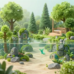 partly underwater merpeople town made of rocks and sand, cute style garden, octane render, algae - trees, evergreen, patio, garden, wet atmosphere, tender, soft light misty yoshitaka amano, and artgerm