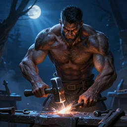top digital painting of ( ( ( a blacksmith hammering and making tools on a workbench in the cold of the night ) ) ) | muscular, worn - down, exaggarated, tough, detailed perfect face | intense complex blue atmosphere, nighttime, moon rays, top digital art, professional, cinematic, octane render, trending on artstation, deviantart, studio level quality, hyperdetailed, epic