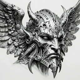 ancient biomechanical hybrid slavic thunder god armored head fantasy human angel face mask tattoo pattern concept, glagolitic glyph, intricate artwork by, Johnatan Wayshak, Zdizslaw Beksinski, Artgerm, H.R. Giger, very coherent artwork, cinematic, hyper realism, high detail, octane render, unreal engine, 8k, High contrast, higly detailed black ink outline, crosshatch sketch gradient