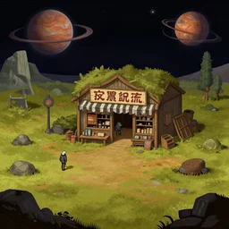 in front of a general store, in a remote outpost, on an alien planet, from a space themed point and click 2 d graphic adventure game, set design inspired slightly by hg giger and tomb raider, art inspired by bob ross