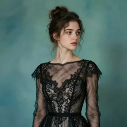 a portrait of a young woman wearing an evening dress, black transparent lace, messy bun hairstyle, delicate face, looking away, cinematic, intricate details and textures, soft lighting, epic pose, in front of a blue - green wall, by jeremy lipking, artgerm, greg rutkowski, alphonse mucha, jeremy lipking, 8 k
