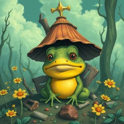 akihito tsukushi high resolution 4 k made in abyss design fat cute pepe's bizarre nausicaa clothing swamp village design body a field of cool colors shading a yellow pepe the frog with a large nose, paradise, meat butchery, pogrom, war, desolation desolation, art in the style of and oleg vdovenko and akihito tsukushi