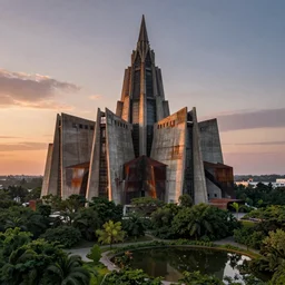 an extremely detailed cathedral of brutalist architecture, surrounded by lush green forest, reflected in ponds of water, stunning volumetric lighting, sunset, rusted steel, smooth concrete, stunning skies, trending on Artstation, 8k, photorealistic, hyper detailed, unreal engine 5, IMAX quality, cinematic, epic lighting, in the style of Greg Rutkowski