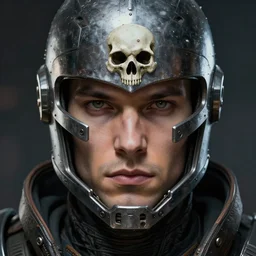 human male as a realistic scifi cyberpunk knight, closeup portrait art by donato giancola and greg rutkowski, realistic face, digital art, trending on artstation, skull helmet, symmetry!!!