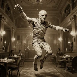 photorealistic sepia painting of an undead flying mummy in a power pose, nabatean writing, in a 1 9 2 0 s hotel ballroom, atmospheric lighting, brooding, painted, intricate, ultra detailed, well composed, best on artstation, cgsociety, epic, horror, stunning, gorgeous, intricate detail, much wow, masterpiece, cinematic aesthetic octane render, 8 k hd resolution,