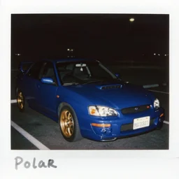 retro 90s 97’ film photo harsh flash. Night time dark dimly lit parking lot. 1996 blue Subraru WRX STi front side view. ((Polaroid)) harsh flash amateur photo (gold rims) ((motion blur)) ((low exposure))