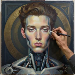 cyborg artist painting a self - portrait on a canvas. intricate, highly detailed, digital matte painting, in the style of alexandros pyromallis, and in the style of sachin teng, and in the style of hans thoma, and in the style of gil elvgren. irony, recursion, inspiration.