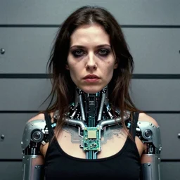 grainy photo of an ugly woman, wearing bionic implants, cyborg!! criminal!!, (((((high tech, circuit boards, cyberpunk))))), mugshot!!!