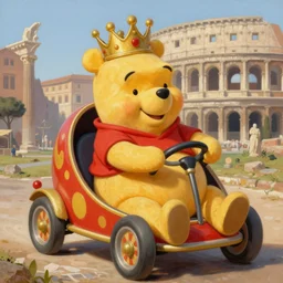 Winnie the Pooh wearing a crown driving a clown car in Ancient Rome, Realistic painting