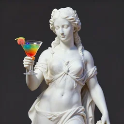 a white reneissance statue holding a coctail, medium shot, colorful coctail, digital painting, 3 d render