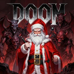 ( doom ) cover featuring santa!! claus!! surrounded by demons, by jimmy presler, artstation, vivid gaze,,,,,,, gaze