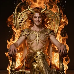 tom ellis ( lucifer ) smiling portrait in a burning chair, art nouveau, fantasy, intricate devilish designs, elegant, highly detailed, sharp focus, art by artgerm and greg rutkowski and wlop