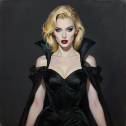 a modern painting of a strikingly beautiful vampire in an elegant black dress, blonde hair, blue eyes, in the style of tim bradstreet, sharp focus, realism, intricate detail
