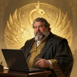 a heavy set university professor with a salt and pepper goatee teaches computer science, character concept art, fantasy, illustration, artstation, cinematic lighting, hyperdetailed, cgsociety, 8k Resolution, high resolution, Charlie Bowater, Tom Bagshaw, Tom Richmond, insanely detailed and intricate, beautiful, elegant, golden ratio, royal swan insignia in background
