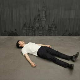 a chinese person laying flat on the floor by daniel johnston and peter doig, line brush, minimal, disney