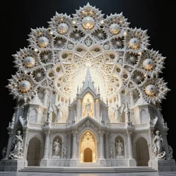 a 3 d painting of a gigantic intricate fractal cathedral populated by mandelbrot fractals by android jones, unreal engine, carved stone, carved soap, white color scheme, volumetric lighting, dynamic lighting, octane render, dramatic lighting, high contrast, glowing, carved marble, opalescent, sacred geometry, religious, angelic, catholicpunk, stark, trending on artstation
