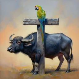 painting of cross between parrot & water buffalo, intercrossed animal, by zdzislaw beksinski, by tiffany bozic, cold hue's, warm tone gradient background, concept art, beautiful composition, digital painting,