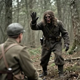 an scary creature waving to a guy in the forest, ww1 photo, grainy, high detail, high resolution