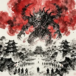 cthulhu monster about to landing on an ancient japanese village, red clouds in the sky, samurai army standing in the castle, ultrawide shot, overlook, art by greg rutkowski, concept art, 4 k, ink painting