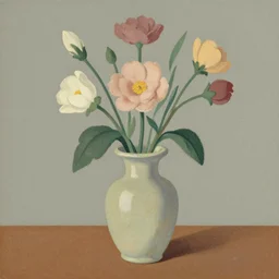 matchbox vintage illustration of a vase with flowers, muted colors, giorgio morandi
