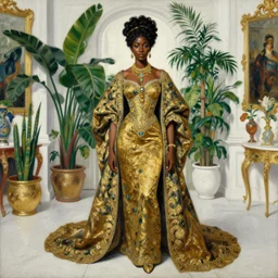 high quality high detail painting by lucian freud, jenny savile, ilya repin and john singer sargent, black woman in a white room with many plants, intricate costume design, orientalist, partially gold, ornate, elite, luxury, hd