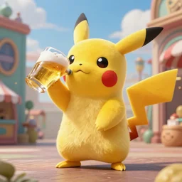 a realistic Pikachu drinking beer, digital art, wide shot, highly detailed, hyperrealistic, photorealistic, unreal engine 5, very detailed,  made by a professional 3d artist, dynamic lighting, trending on artstation, 4k uhd, epic composition, masterpiece