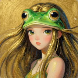 recursive image with a girl looking like frog, large eyes, her long hair flowing, surreal, oil pastels and gold, in the style of katsuhiro otomo, modeled in poser, redshift render, uhd