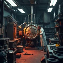 mad scientist building a time machine inside a laboratory that looks like a repair shop, tools and mechanical parts, trending on artstation, deviantart, cgsociety, octanerender, depth of field, volumetric lighting, very detailed, 8 k