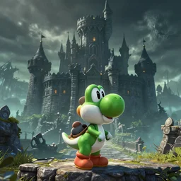 screenshot from mario dark souls, 4 k, highly detailed, yoshi, castle, grim, dark