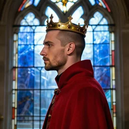 side - view portrait of a man wearing a small crown, buzzcut, stubble, wears a red coat, gothic stained glass window, shiny blue background, very masterful, royal, backlit