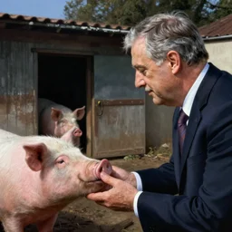 viktor orban detailed face greeting the pigs in front of the pig house, by edward hopper