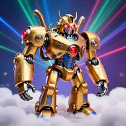 floor is fluffy bubbly white foam, portrait photo of a giant huge golden and blue metal steampunk robot, with gears and tubes, eyes are glowing red lightbulbs, shiny crisp finish, 3 d render, 8 k, insaneley detailed, fluorescent colors, background is multicolored lasershow